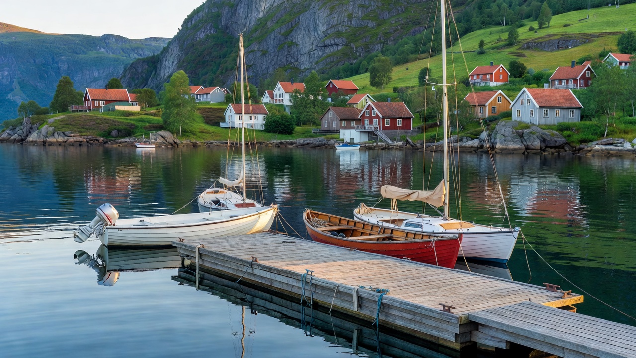 Small recreational boats moored securely at a floating pontoon in a calm Norwegian fjord village
