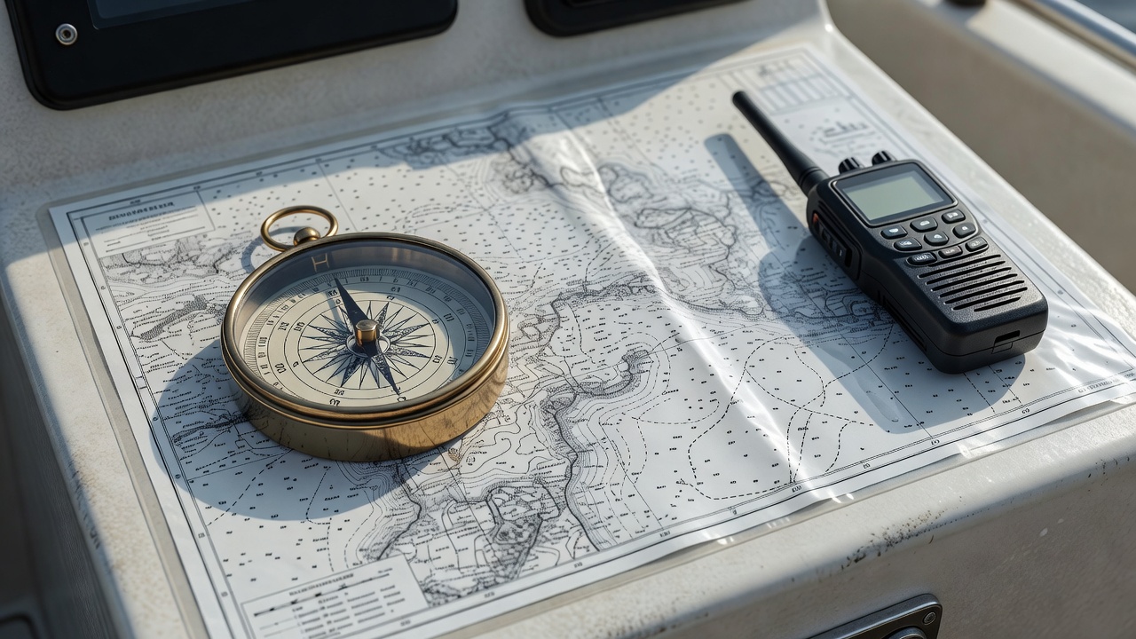 Marine compass, laminated nautical chart, and handheld VHF radio laid out on a boat console